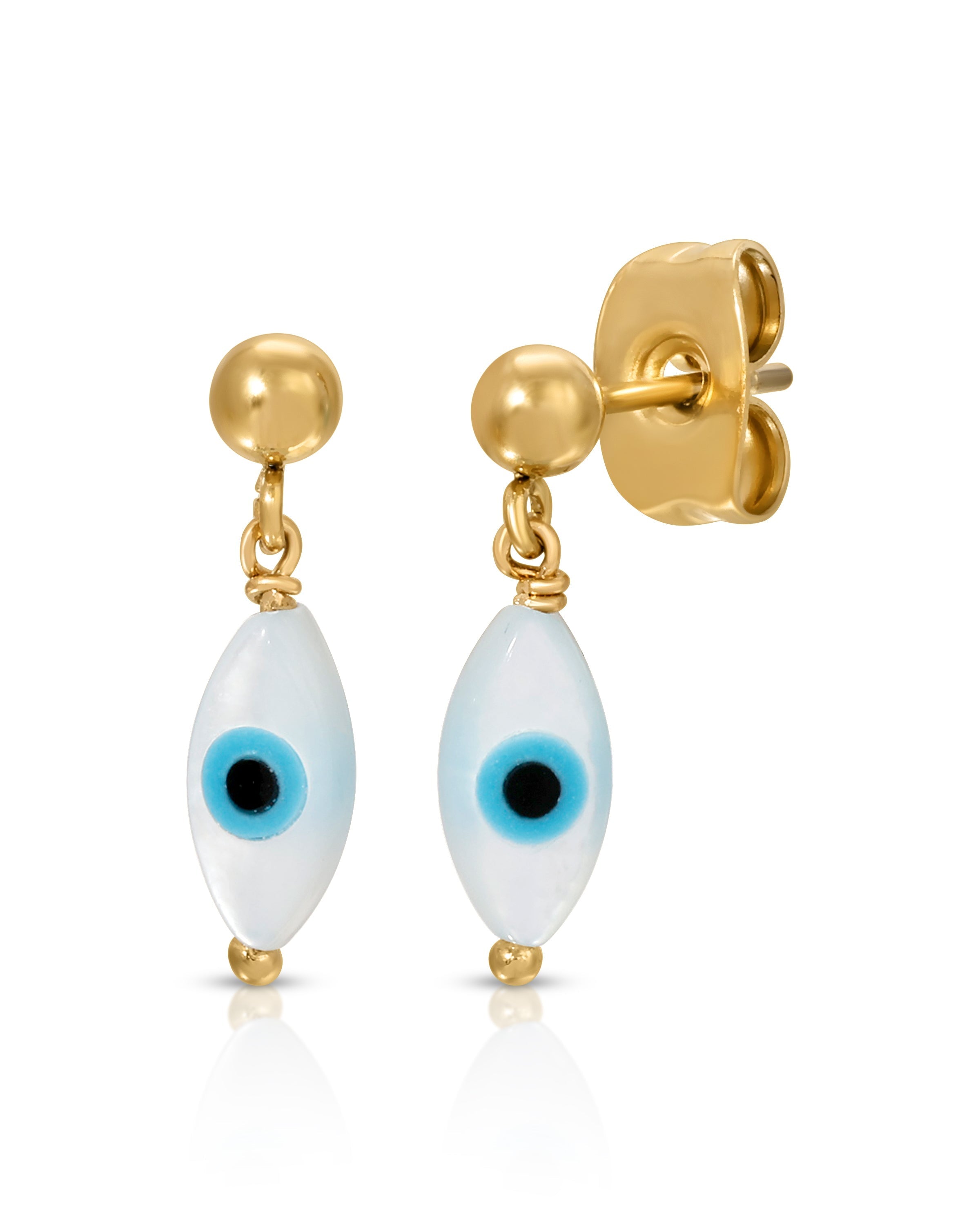 Evil Eye Earrings, Artisan 14 K Gold Filled Hooks, 1/2 inch Gold Plated Evil Eye With Turquoise Centers, 1 5/8 top inches Long, Lightweight Set