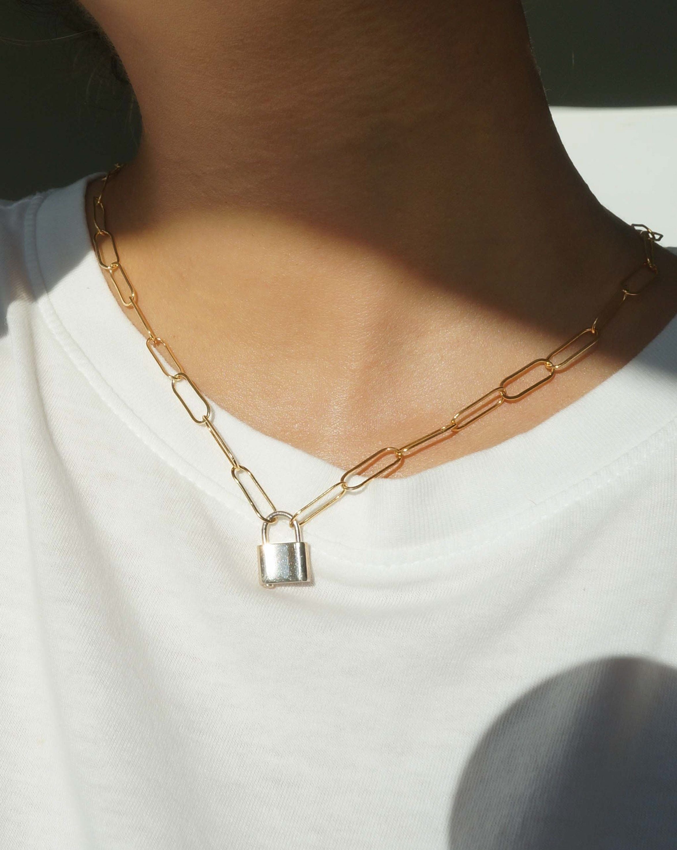 Locklyn Necklace Gold Chain w Silver Lock