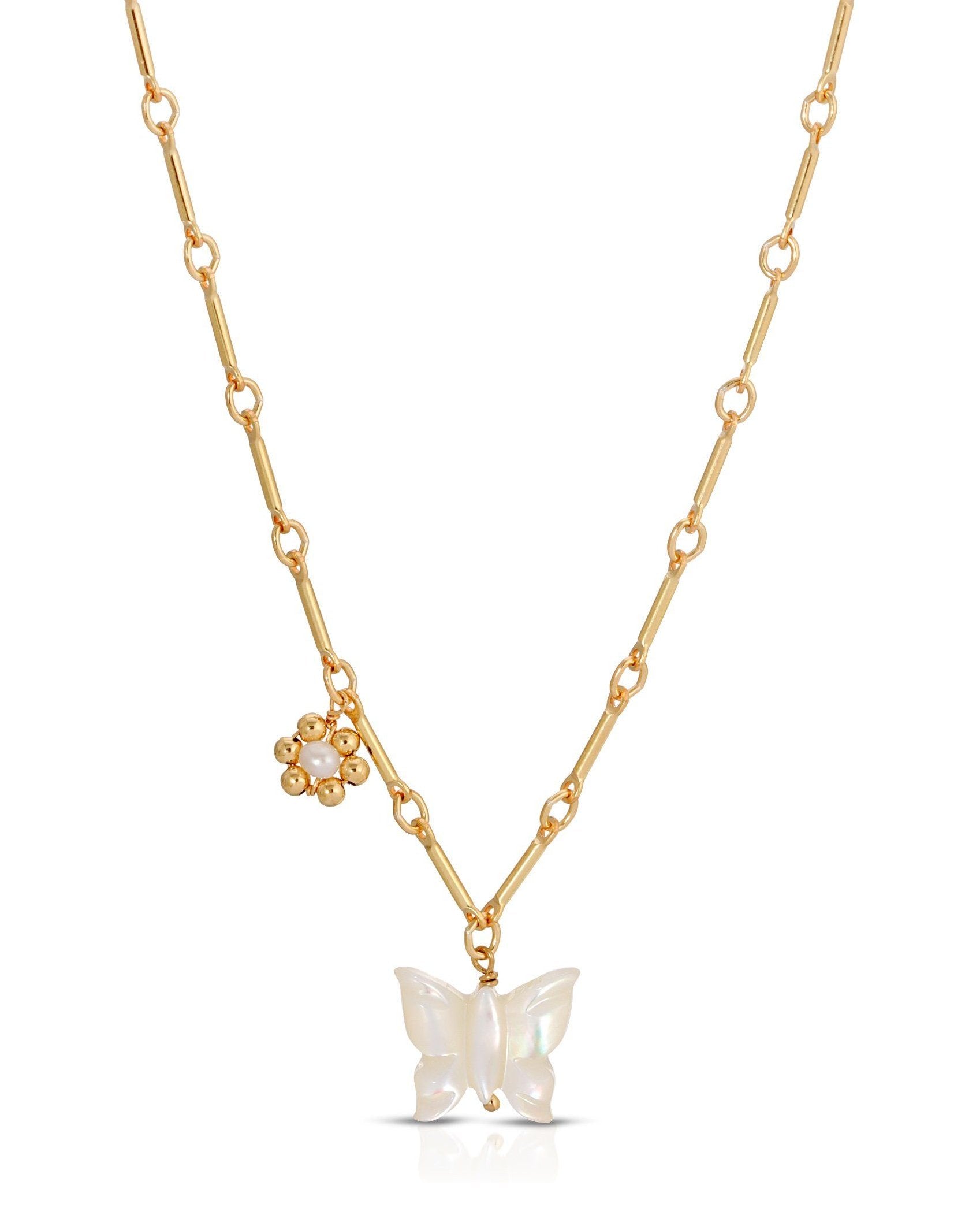 Tinley Necklace by KOZAKH. A 16 to 18 inch adjustable length necklace, with flat cable chain on top half and bar link chain on bottom half, crafted in 14K Gold Filled, featuring a hand-carved Mother of Pearl butterfly charm and a handmade gold beaded daisy with 2mm pearl in the center.