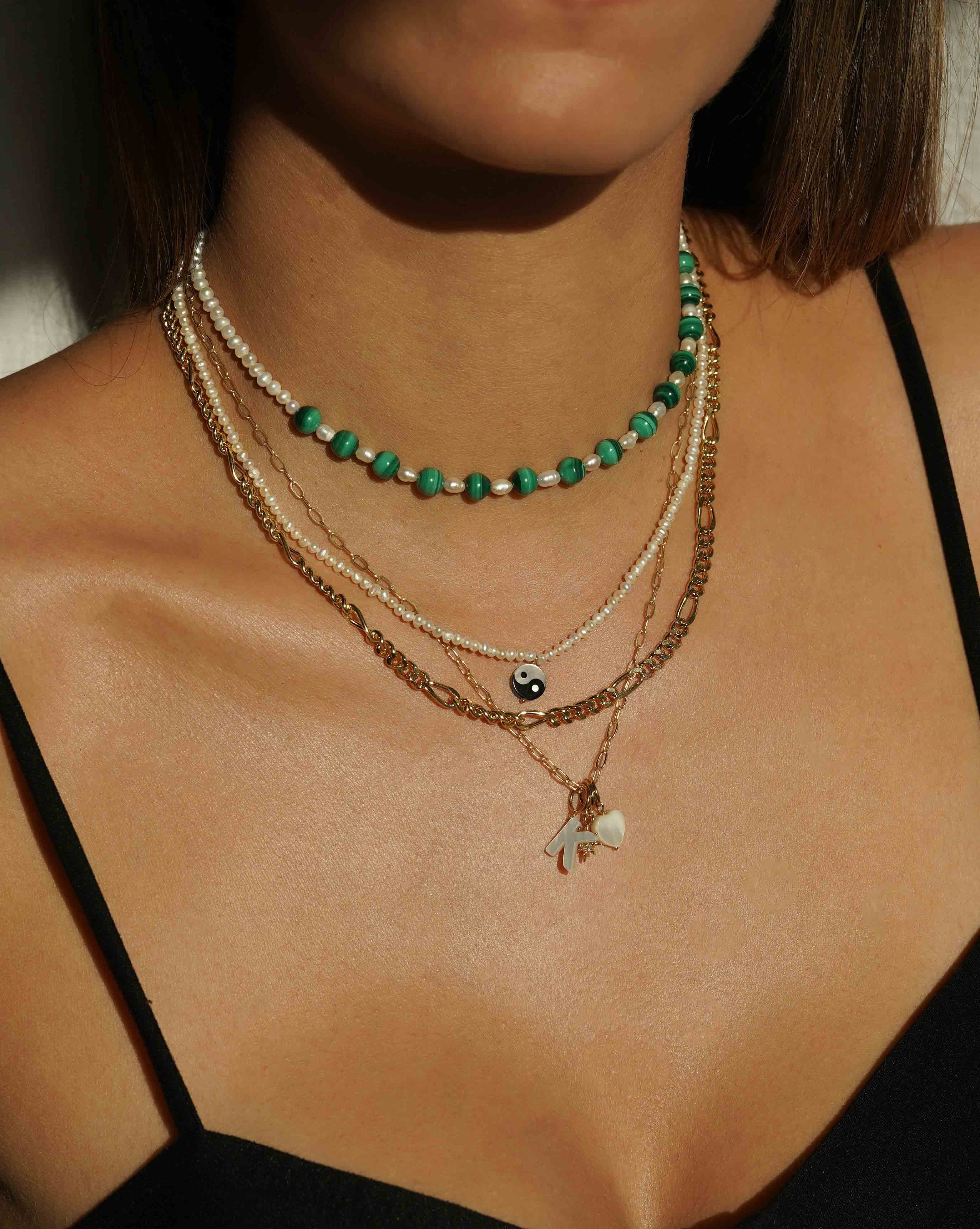 Kozakh Yin Yang Beaded Freshwater Pearl Pendant Necklace in Gold